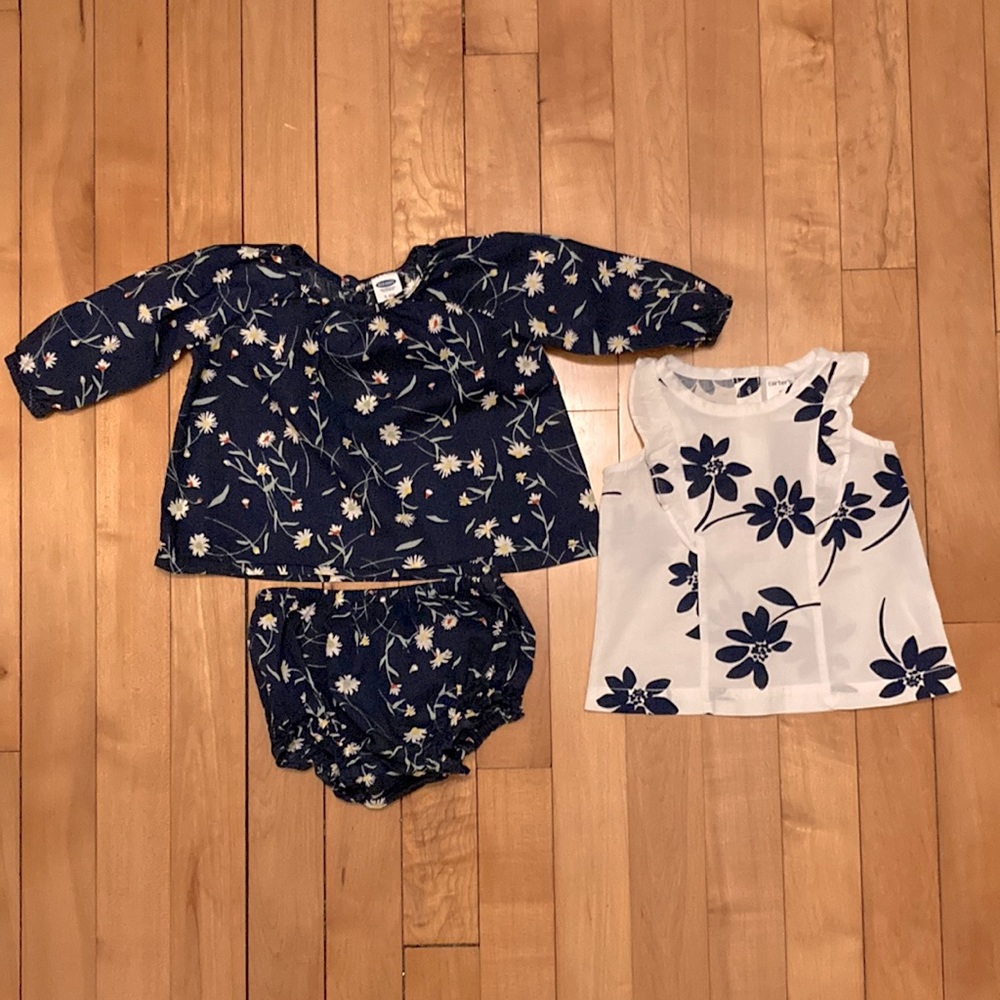 Bundle of Baby Girl Floral Blue and White Cotton Shirts and Diaper Cover 3-6M